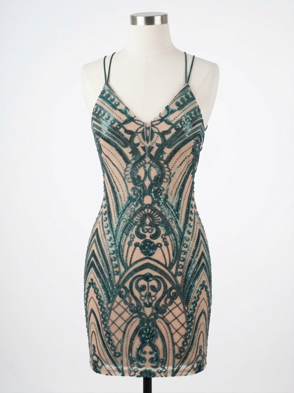 Green Embellished Lace Mini Dress with Double Straps